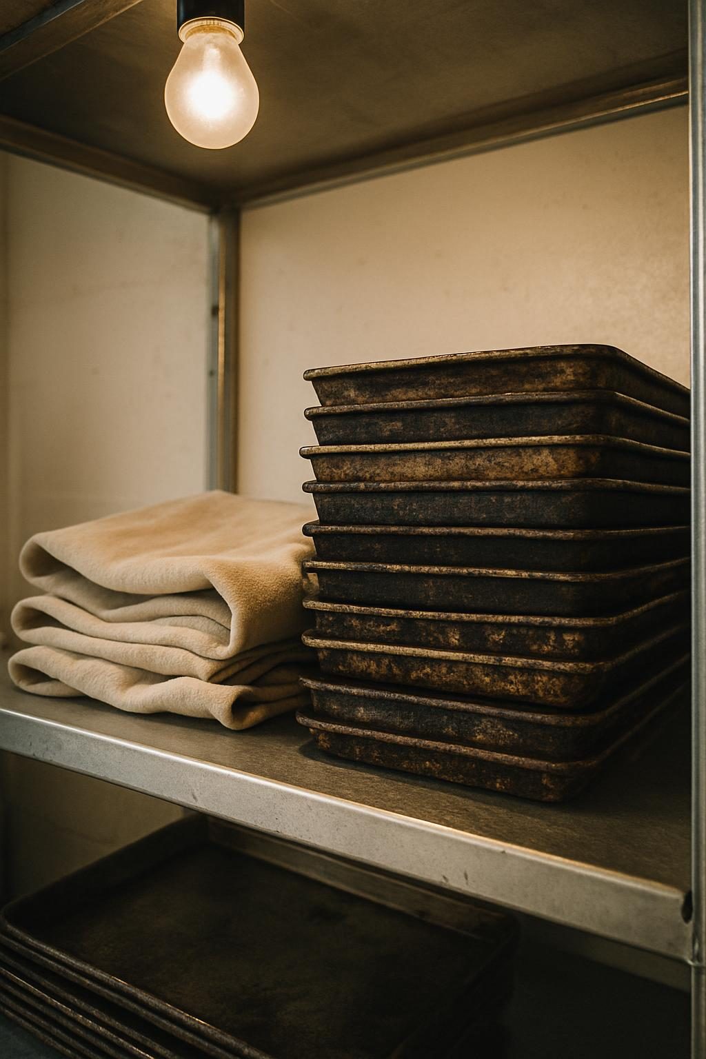 A stack of well-used baking trays and a folded linen couche on a steel shelf, lit by a bulb overhead.
