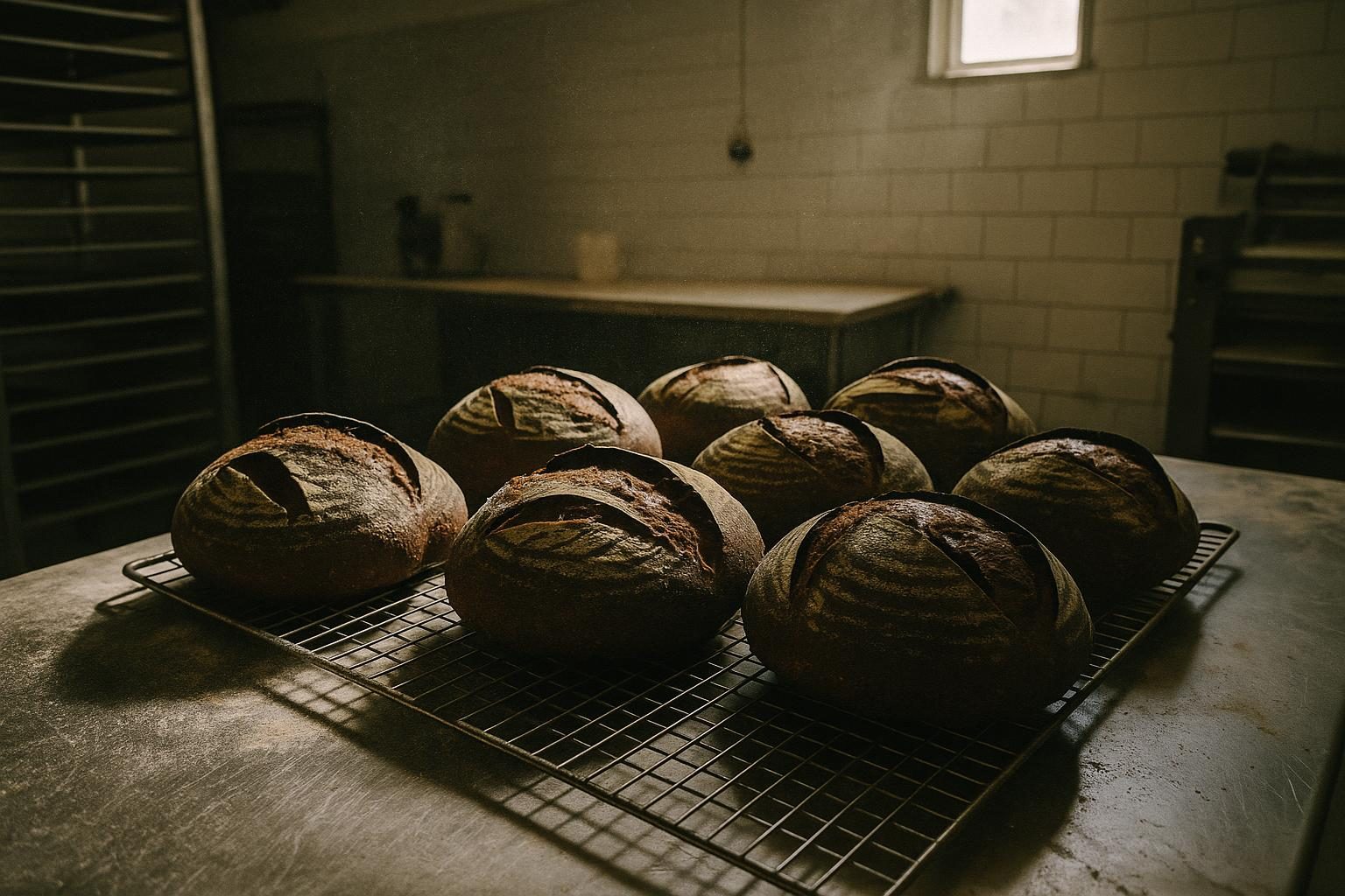 A tray of dark sourdough loaves cooling on a wire rack in a bakery kitchen, early morning light from a high window.