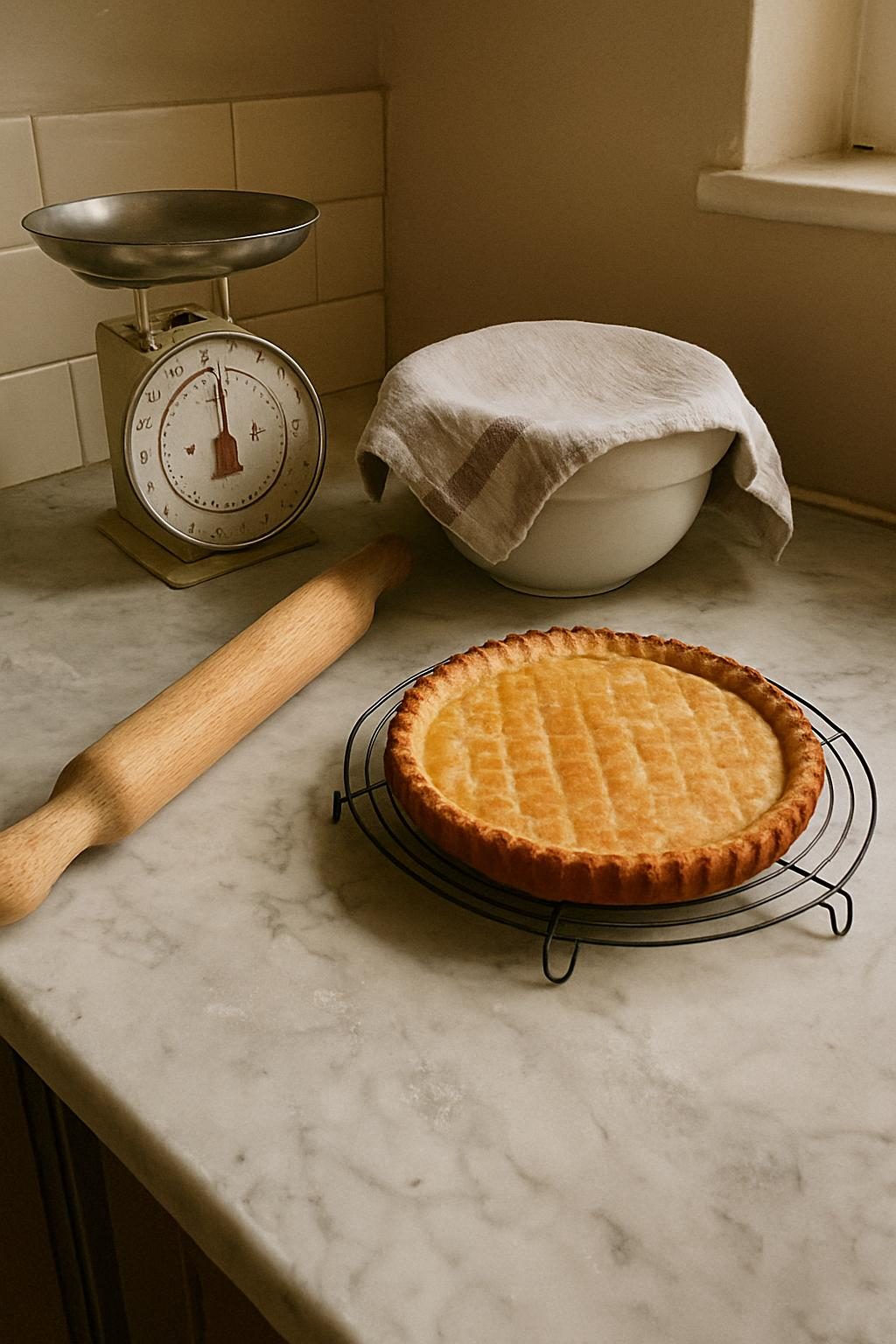 A marble counter with a rolling pin, kitchen scales and a bowl of dough proving under a cloth, beside a cooling tart.